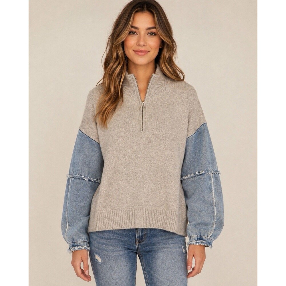 Debut Mixed Media Denim Sleeve Sweater Quarter Zip Oversized S/M Slouchy Relaxed